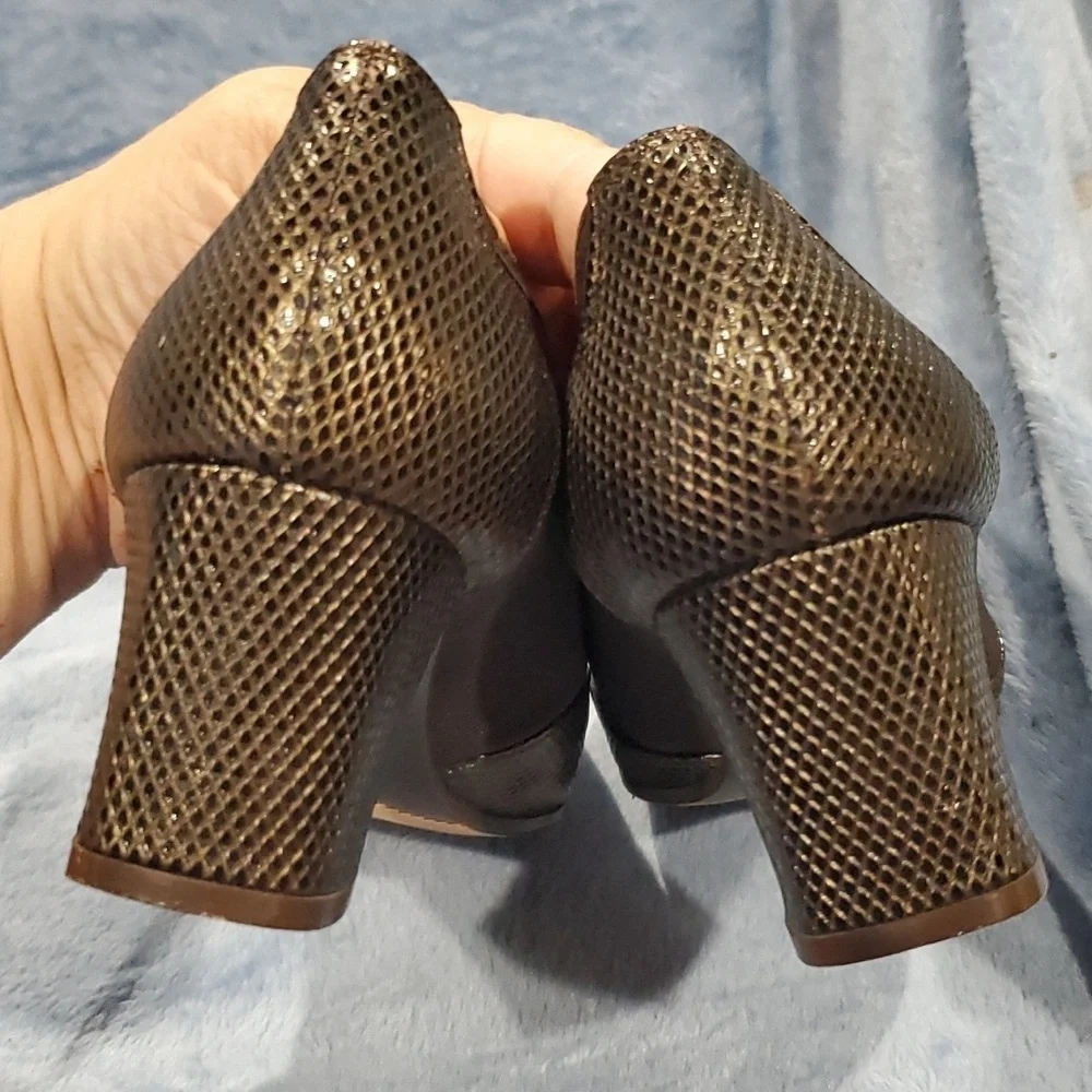 Prevata 2 inch chunky heel faux snakeskin chocolate brown shoes